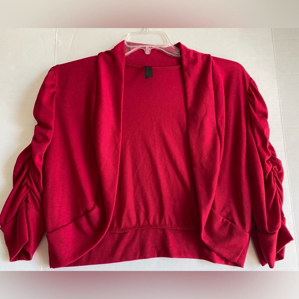 Drama Gold Red Crop Open Cardigan Ruched Sleeve Size XL Excellent Condition